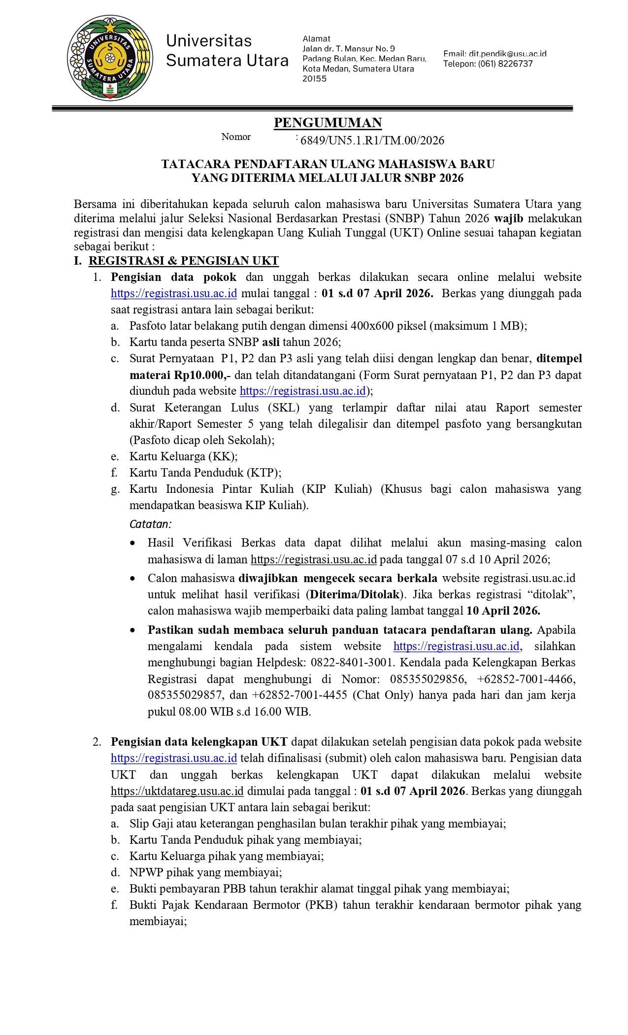 Tatacara Pendaftaran Ulang Mahasiswa Baru yang Diterima Melalui Jalur SNBP 2026
